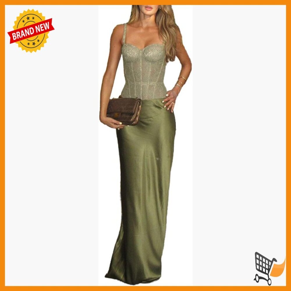 Sleeveless Lace Corset Top with Silk Maxi Skirt Two Piece Set